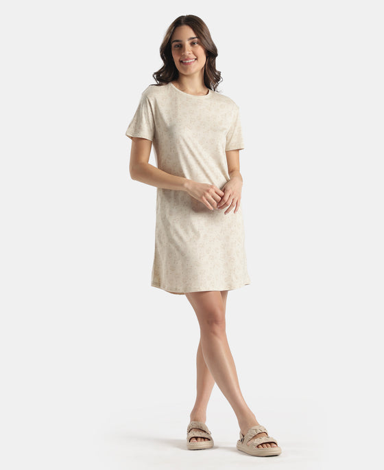 Micro Modal Cotton Ruffled Hem Styled Half Sleeve Printed Sleep Dress - Almond Milk