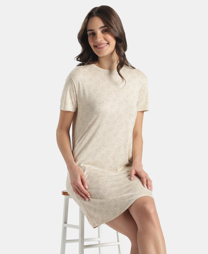 Micro Modal Cotton Ruffled Hem Styled Half Sleeve Printed Sleep Dress - Almond Milk