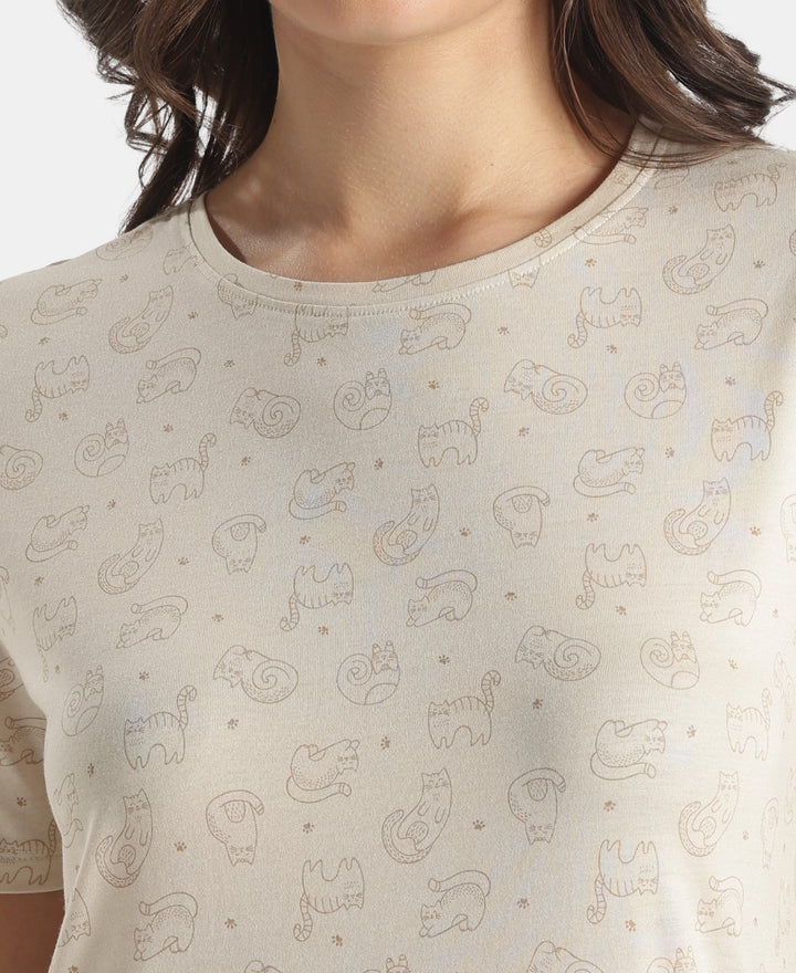 Micro Modal Cotton Ruffled Hem Styled Half Sleeve Printed Sleep Dress - Almond Milk