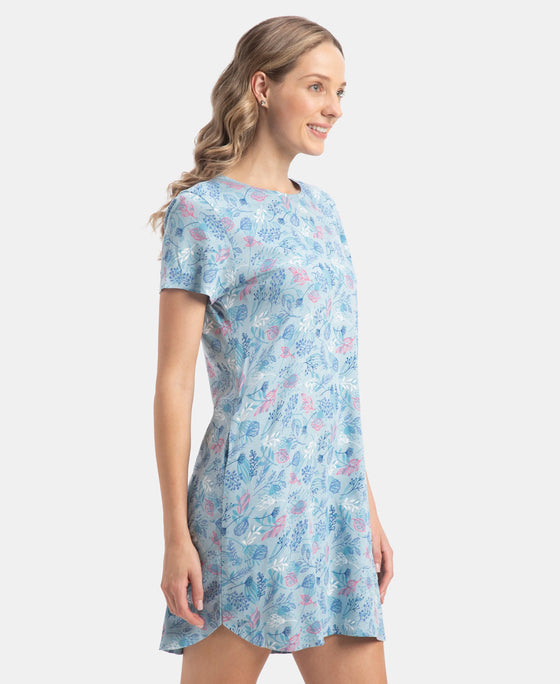Micro Modal Cotton Ruffled Hem Styled Half Sleeve Printed Sleep Dress - Forget Me Not
