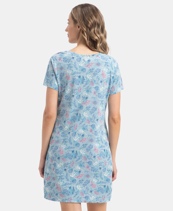 Micro Modal Cotton Ruffled Hem Styled Half Sleeve Printed Sleep Dress - Forget Me Not