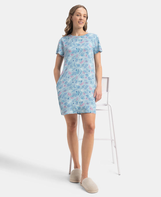 Micro Modal Cotton Ruffled Hem Styled Half Sleeve Printed Sleep Dress - Forget Me Not