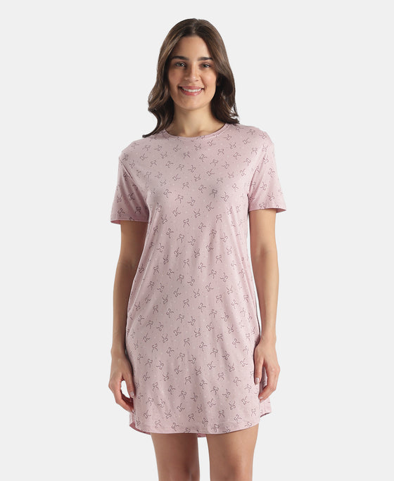 Micro Modal Cotton Ruffled Hem Styled Half Sleeve Printed Sleep Dress - Keep Sake Lilac