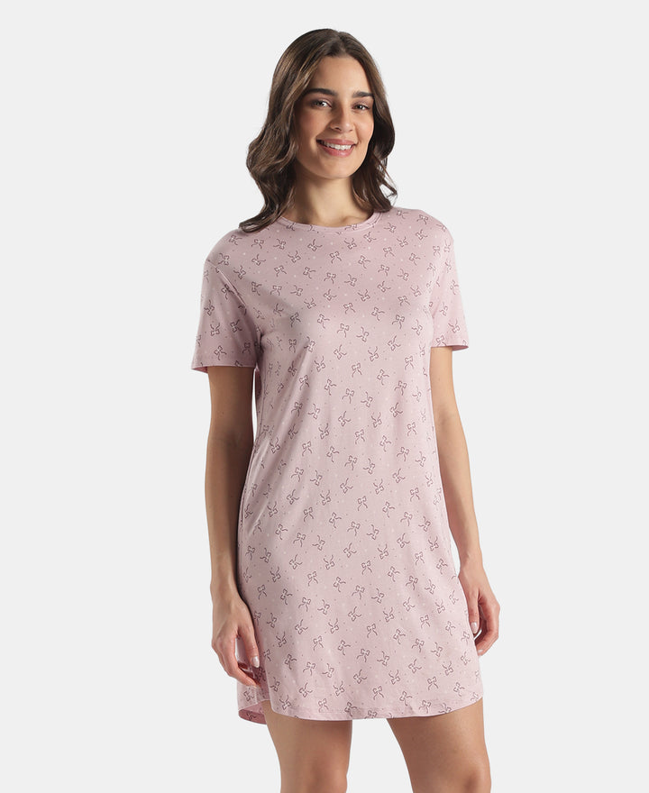 Micro Modal Cotton Ruffled Hem Styled Half Sleeve Printed Sleep Dress - Keep Sake Lilac