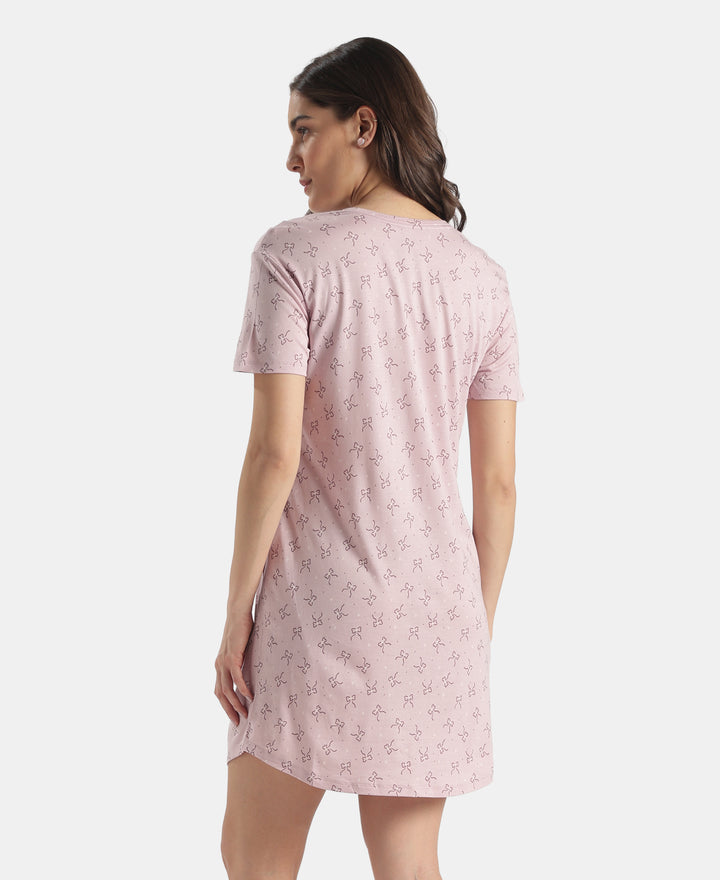 Micro Modal Cotton Ruffled Hem Styled Half Sleeve Printed Sleep Dress - Keep Sake Lilac