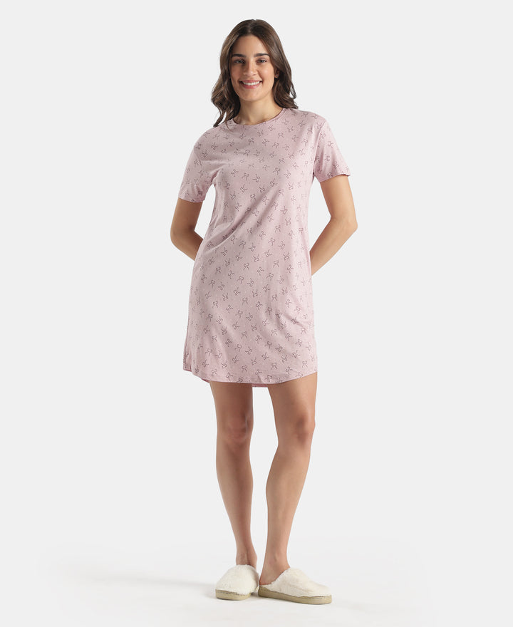Micro Modal Cotton Ruffled Hem Styled Half Sleeve Printed Sleep Dress - Keep Sake Lilac