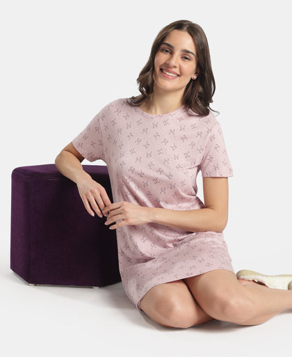 Micro Modal Cotton Ruffled Hem Styled Half Sleeve Printed Sleep Dress - Keep Sake Lilac