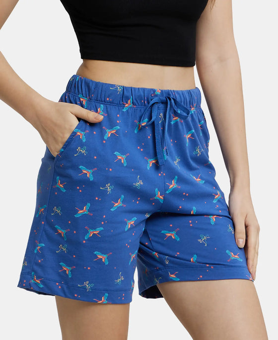 Super Combed Cotton Relaxed Fit Printed Shorts with Convenient Side Pockets - Blue Quartz