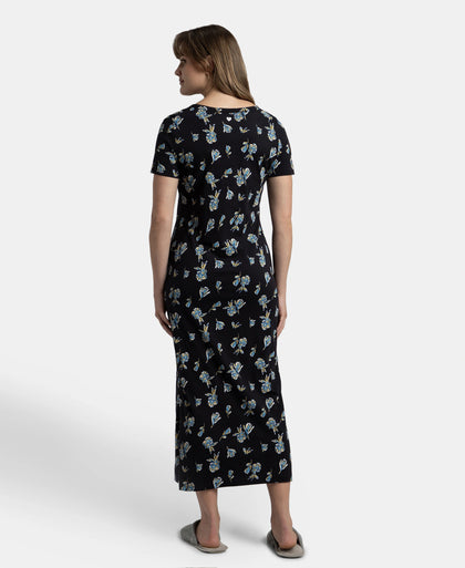 Super Combed Cotton Long Length Printed Lounge Dress - Black