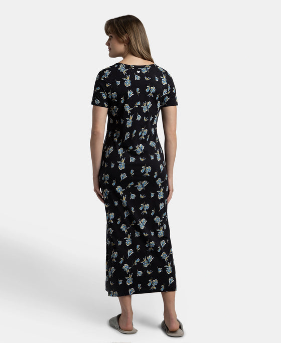 Super Combed Cotton Long Length Printed Lounge Dress - Black