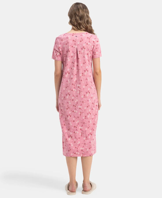 Super Combed Cotton Long Length Printed Lounge Dress - Cashmere Rose