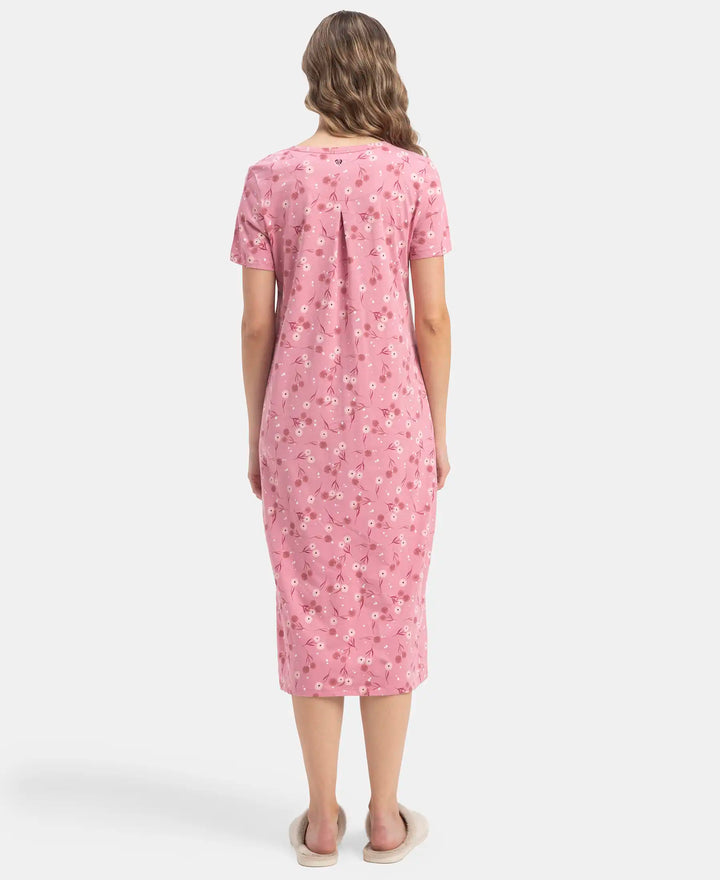 Super Combed Cotton Long Length Printed Lounge Dress - Cashmere Rose