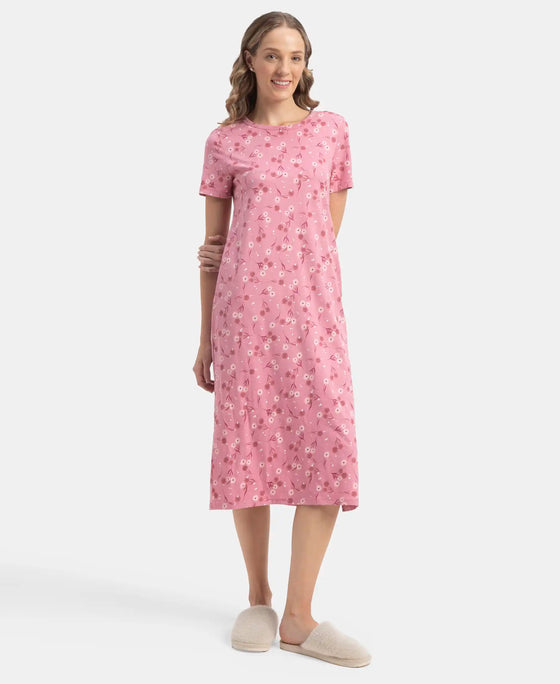 Super Combed Cotton Long Length Printed Lounge Dress - Cashmere Rose