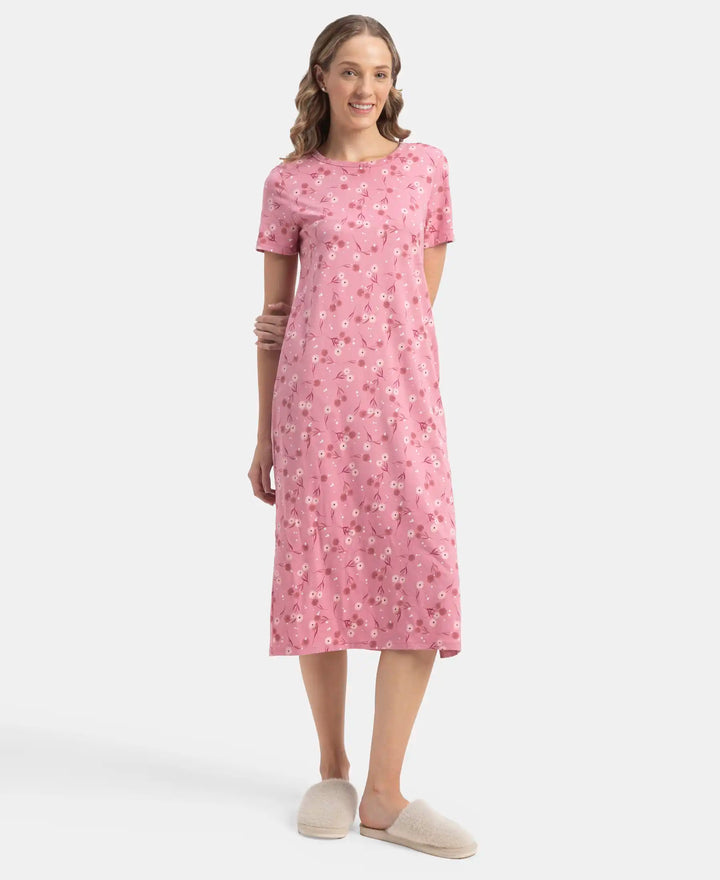 Super Combed Cotton Long Length Printed Lounge Dress - Cashmere Rose