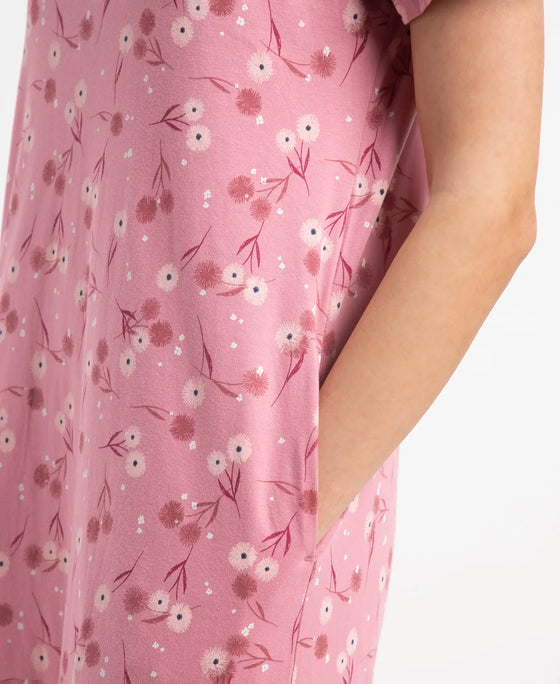 Super Combed Cotton Long Length Printed Lounge Dress - Cashmere Rose