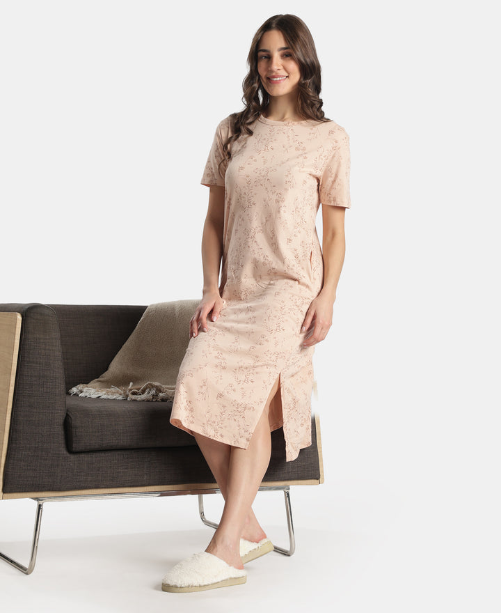 Super Combed Cotton Long Length Printed Lounge Dress - Cameo Rose