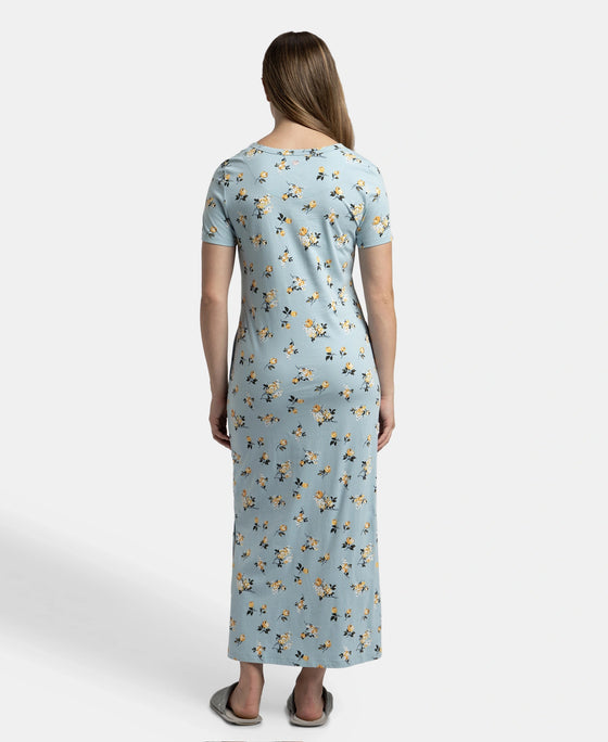 Super Combed Cotton Long Length Printed Lounge Dress - Forget Me Not