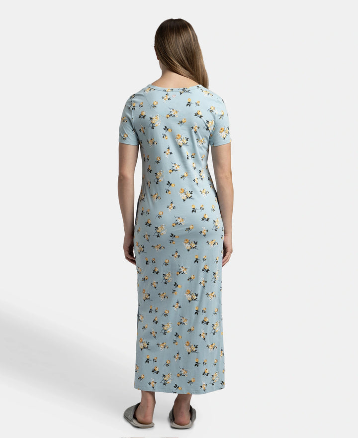 Super Combed Cotton Long Length Printed Lounge Dress - Forget Me Not