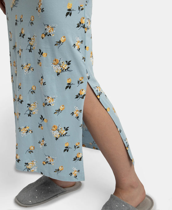 Super Combed Cotton Long Length Printed Lounge Dress - Forget Me Not