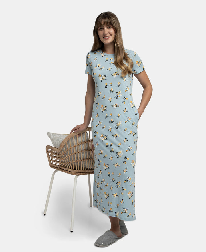 Super Combed Cotton Long Length Printed Lounge Dress - Forget Me Not