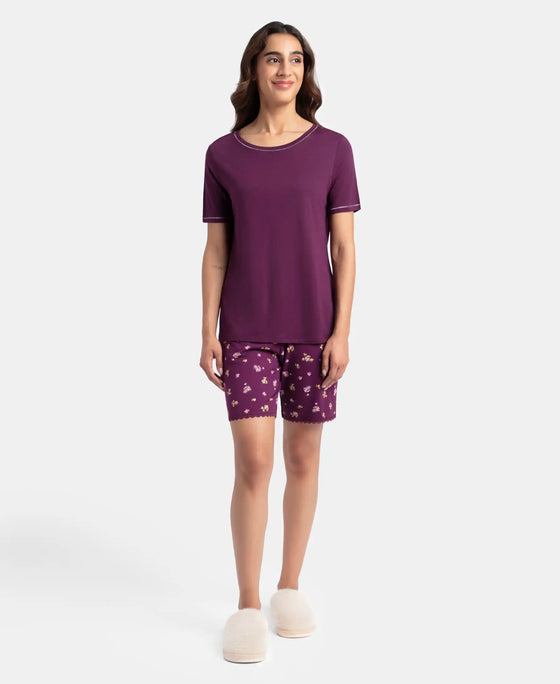 Micro Modal Cotton Short Sleeve T-Shirt and Printed Shorts Set - Purple Wine