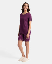 Micro Modal Cotton Short Sleeve T-Shirt and Printed Shorts Set - Purple Wine
