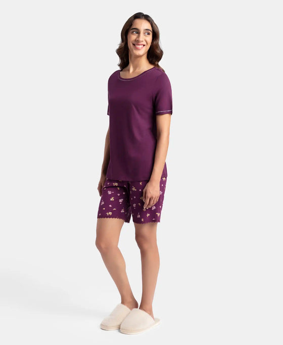 Micro Modal Cotton Short Sleeve T-Shirt and Printed Shorts Set - Purple Wine