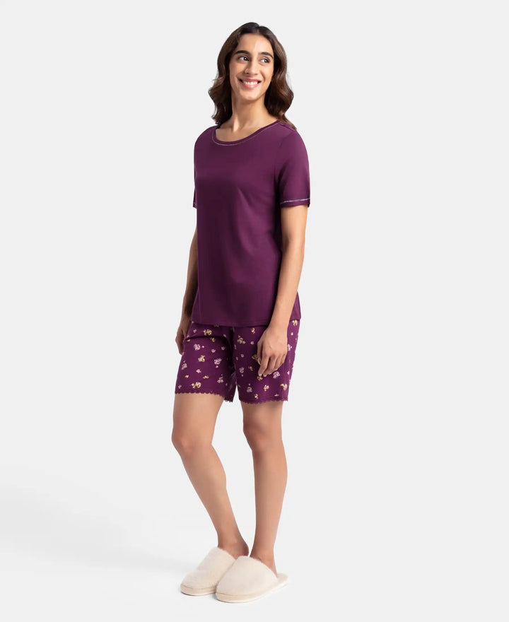 Micro Modal Cotton Short Sleeve T-Shirt and Printed Shorts Set - Purple Wine