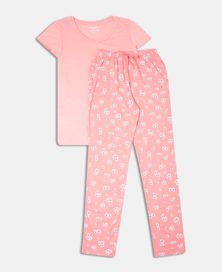 Micro Modal Cotton Short Sleeve T-Shirt & Pyjama Sleep Set - Peach Blossom