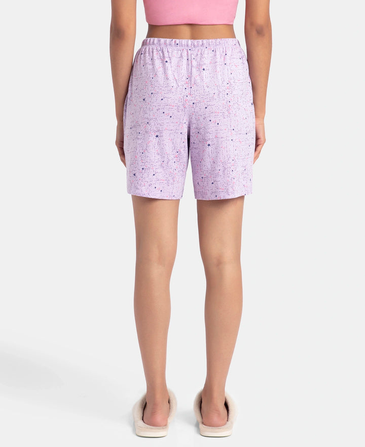 Super Combed Cotton Relaxed Fit Printed Sleep Shorts with Side Pockets - Pastel Lilac