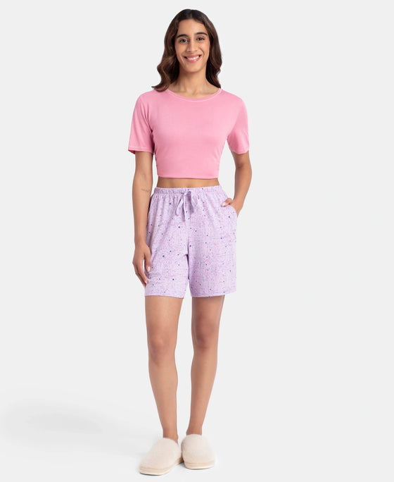Super Combed Cotton Relaxed Fit Printed Sleep Shorts with Side Pockets - Pastel Lilac