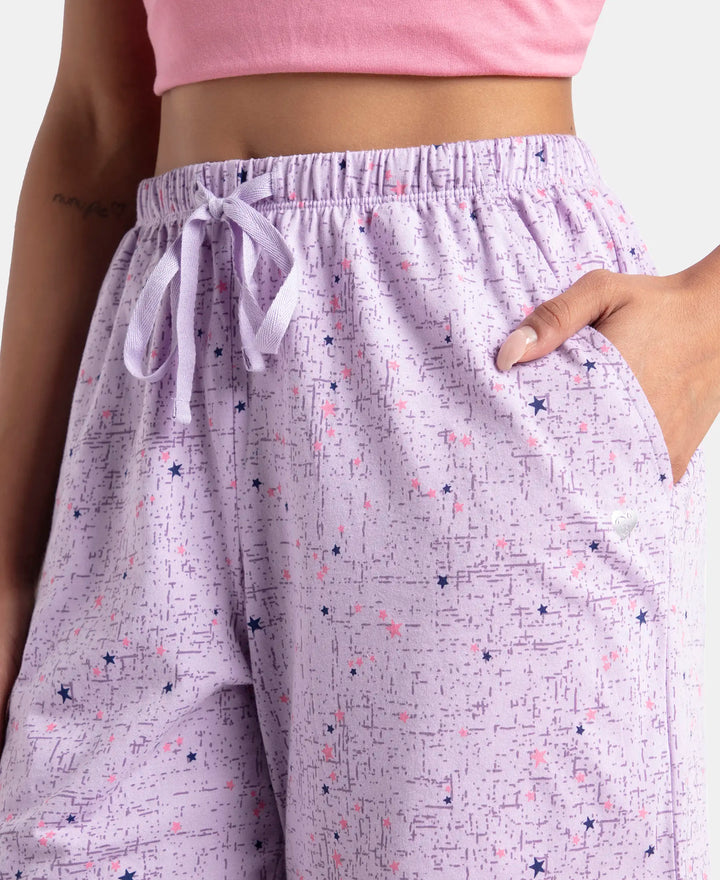 Super Combed Cotton Relaxed Fit Printed Sleep Shorts with Side Pockets - Pastel Lilac