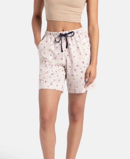 Super Combed Cotton Relaxed Fit Printed Sleep Shorts with Side Pockets - Vapour Blue