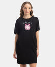 Super Combed Cotton Drop Shoulder Styled Curved Hem Printed Lounge Dress With Side Pockets - Black