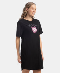 Super Combed Cotton Drop Shoulder Styled Curved Hem Printed Lounge Dress With Side Pockets - Black
