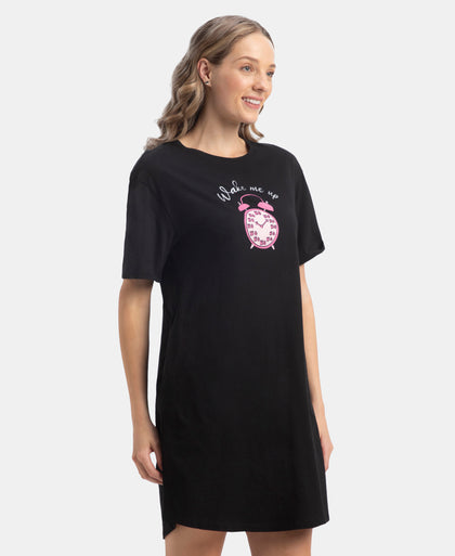 Super Combed Cotton Drop Shoulder Styled Curved Hem Printed Lounge Dress With Side Pockets - Black