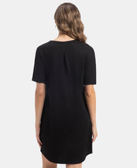Super Combed Cotton Drop Shoulder Styled Curved Hem Printed Lounge Dress With Side Pockets - Black