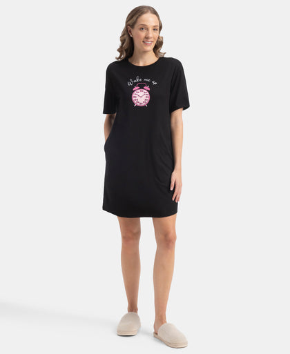 Super Combed Cotton Drop Shoulder Styled Curved Hem Printed Lounge Dress With Side Pockets - Black