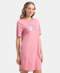 Super Combed Cotton Drop Shoulder Styled Curved Hem Printed Lounge Dress With Side Pockets - Cashmere Rose