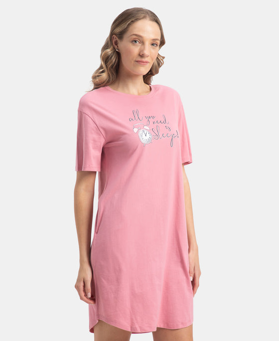 Super Combed Cotton Drop Shoulder Styled Curved Hem Printed Lounge Dress With Side Pockets - Cashmere Rose