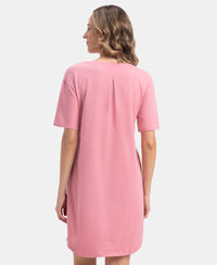 Super Combed Cotton Drop Shoulder Styled Curved Hem Printed Lounge Dress With Side Pockets - Cashmere Rose