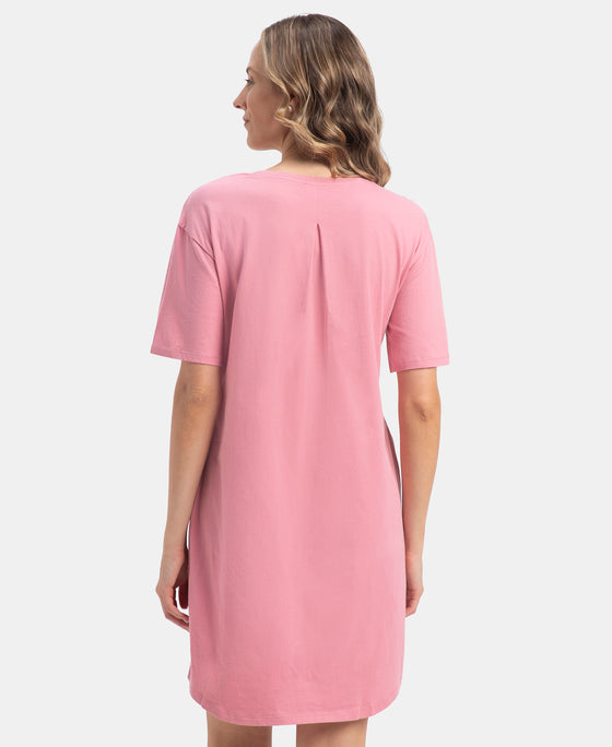 Super Combed Cotton Drop Shoulder Styled Curved Hem Printed Lounge Dress With Side Pockets - Cashmere Rose