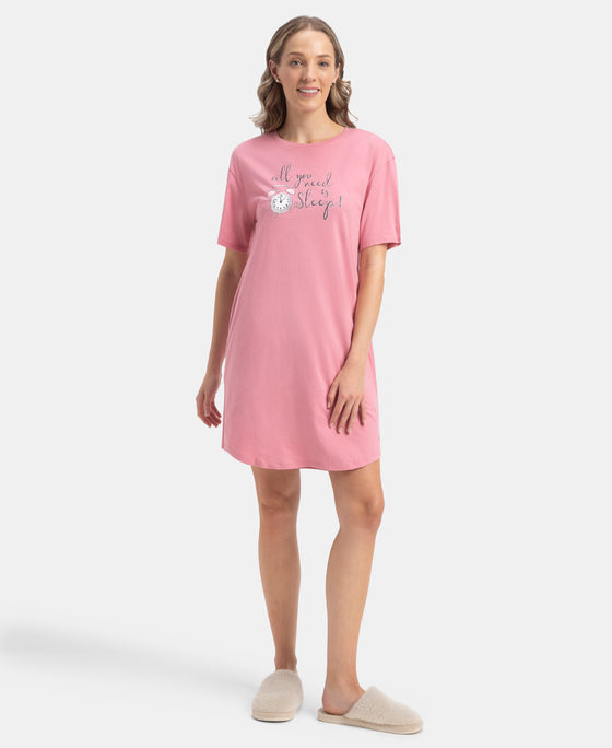 Super Combed Cotton Drop Shoulder Styled Curved Hem Printed Lounge Dress With Side Pockets - Cashmere Rose