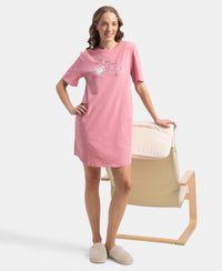 Super Combed Cotton Drop Shoulder Styled Curved Hem Printed Lounge Dress With Side Pockets - Cashmere Rose