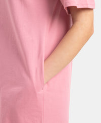 Super Combed Cotton Drop Shoulder Styled Curved Hem Printed Lounge Dress With Side Pockets - Cashmere Rose