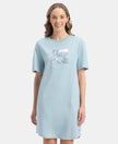Super Combed Cotton Drop Shoulder Styled Curved Hem Printed Lounge Dress With Side Pockets - Forget Me Not