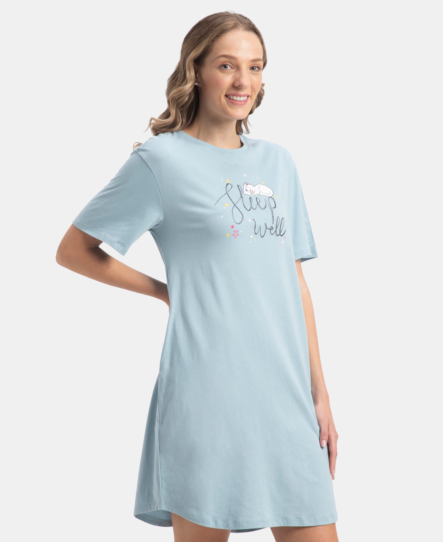 Super Combed Cotton Drop Shoulder Styled Curved Hem Printed Lounge Dress With Side Pockets - Forget Me Not