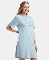 Super Combed Cotton Drop Shoulder Styled Curved Hem Printed Lounge Dress With Side Pockets - Forget Me Not