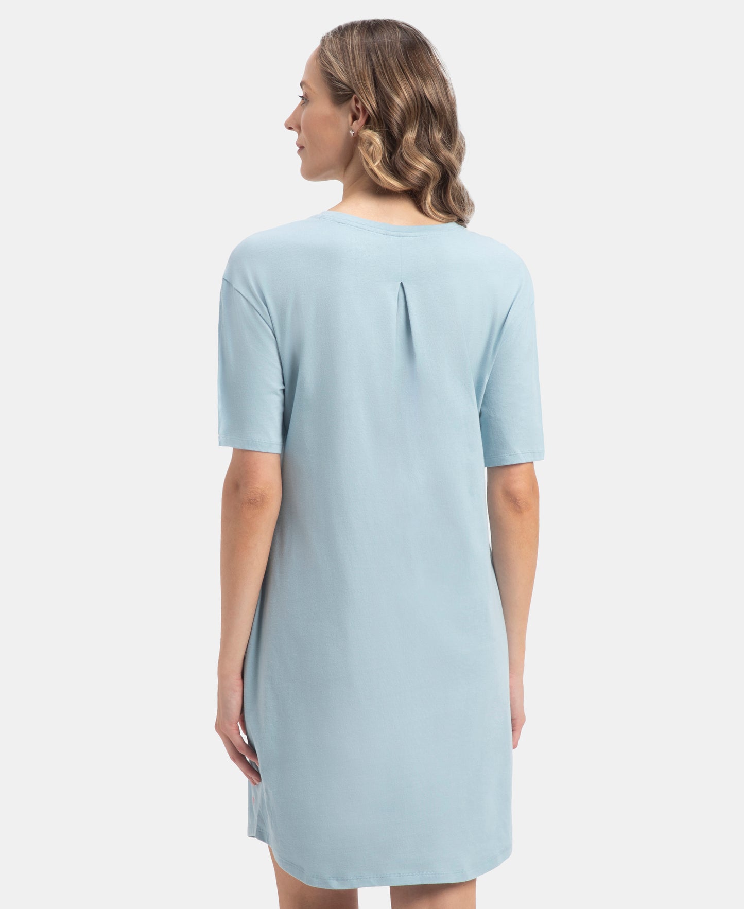 Super Combed Cotton Drop Shoulder Styled Curved Hem Printed Lounge Dress With Side Pockets - Forget Me Not