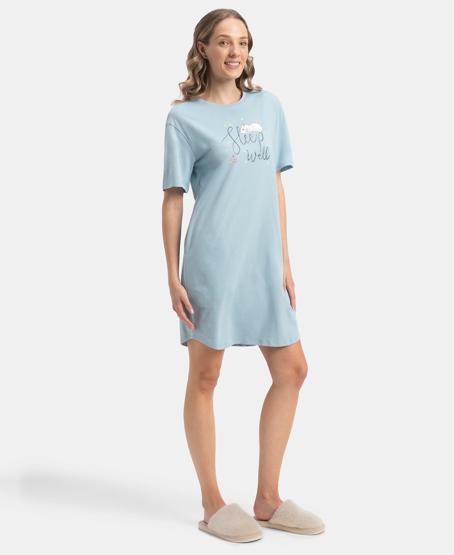 Super Combed Cotton Drop Shoulder Styled Curved Hem Printed Lounge Dress With Side Pockets - Forget Me Not